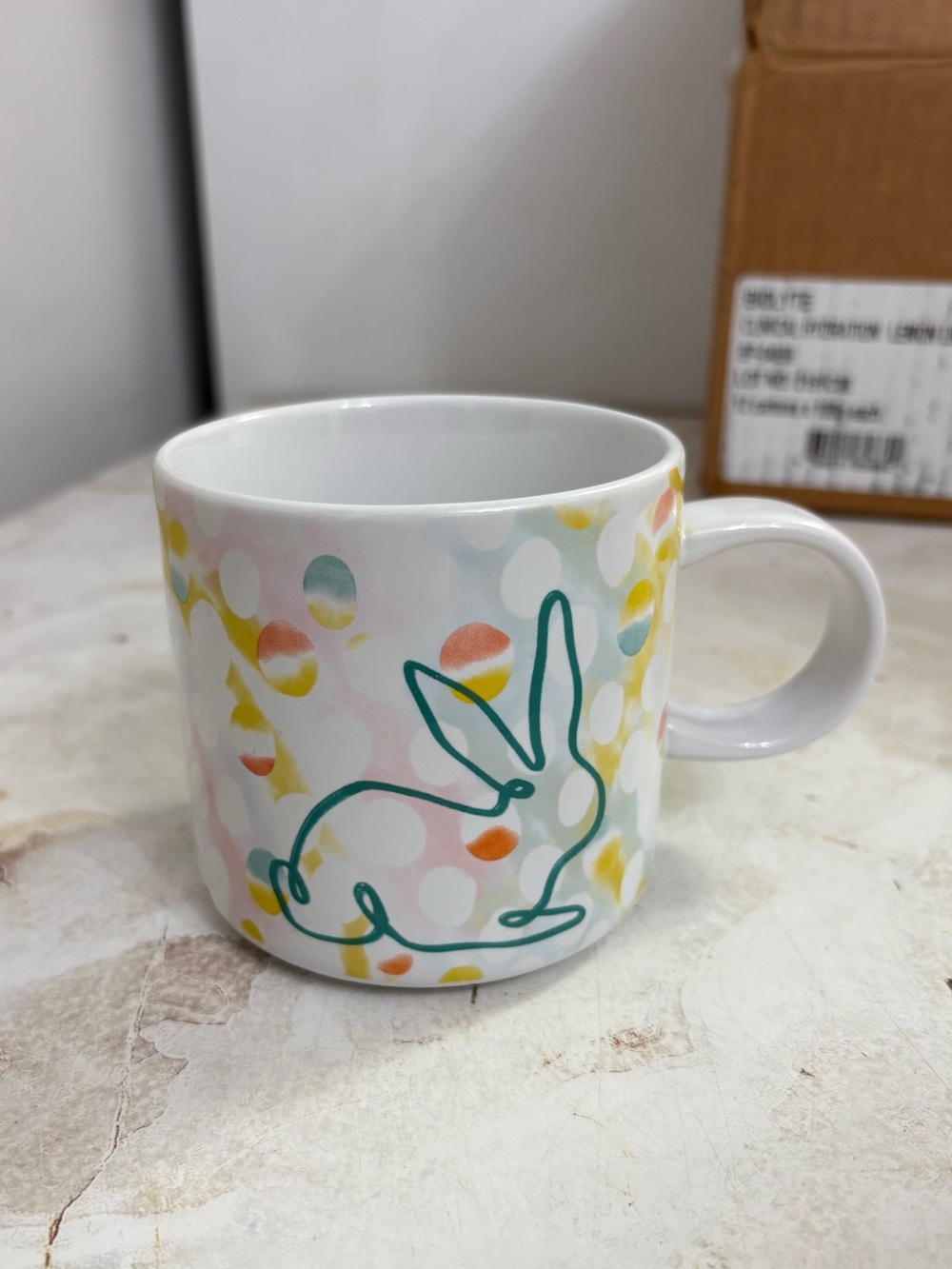 Starbucks White Mug with Teal Bunny and Multicolor Dots